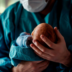 Doctor or midwife cradling a newborn baby, post-delivery in hospital.
