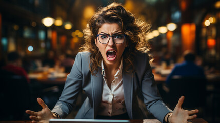 A businesswoman screaming in anger in a cafe - obrazy, fototapety, plakaty