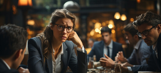 Sad, disappointed business woman and man at their workplace - obrazy, fototapety, plakaty