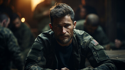Military sad, desperate man in shelter, war concept