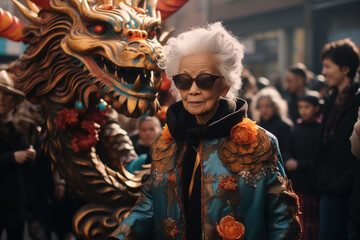 chinese old woman standing beside the dragon statue