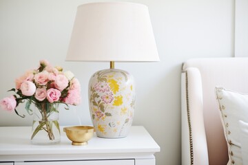 bedside lamp with floral patterns on shade in a feminine bedroom