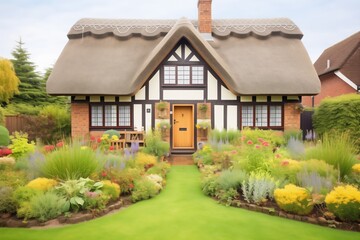 Fototapeta na wymiar traditional tudor thatch roof house with garden
