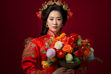 beautiful chinese bride in traditional wedding dress and flower