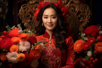 beautiful chinese bride in traditional wedding dress and flower