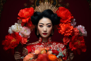 Naklejka premium beautiful chinese bride in traditional wedding dress and flower
