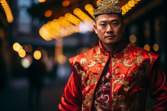 Chinese Groom In Traditional Wedding Dress Bokeh Style Background