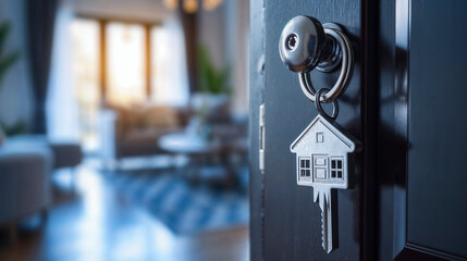 Key in a door lock with a house-shaped keychain, blurred home interior in the background.