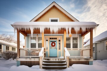 snowcovered cape cod house with icicles - obrazy, fototapety, plakaty