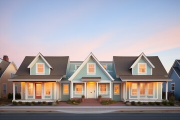 warm evening light washing over a cape cod and its symmetrical dormers