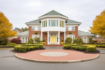 multistory colonial brick house with circular driveway - obrazy, fototapety, plakaty