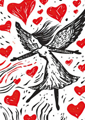 Rustic red Valentines Day vintage style linocut postcard with cupid and hearts