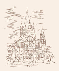 Travel sketch of St. Francis of Assisi Church, Vienna, Austria. Historical building line art. Freehand drawing. Hand drawn retro postcard. Urban sketch in braun color isolated on beige background.