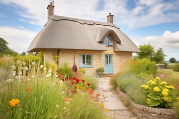 Fototapeta na wymiar stone cottage with thatched roof surrounded by wildflowers
