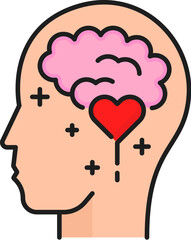 Mental health icon, isolated vector human head with brain and heart inside. Thin line sign represents the importance of mind well-being and promoting understanding, support, awareness and acceptance