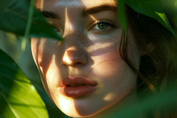 A close-up photograph of a woman's face, radiant and healthy skin, in a lush green forest. Sunlight filtering through leaves.