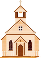 Western Wild West town church cartoon building, vector house of old american country street. White wood building of catholic religion church or chapel with cross and bell tower, Wild West architecture