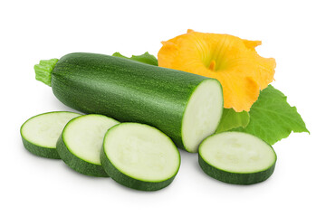 Fresh sliced zucchini isolated on white background with full depth of field