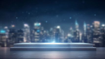 podium for a new product against the background of blurred lights of the night city