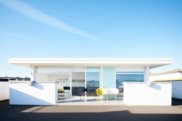 white modern house with flat roof and blue sky