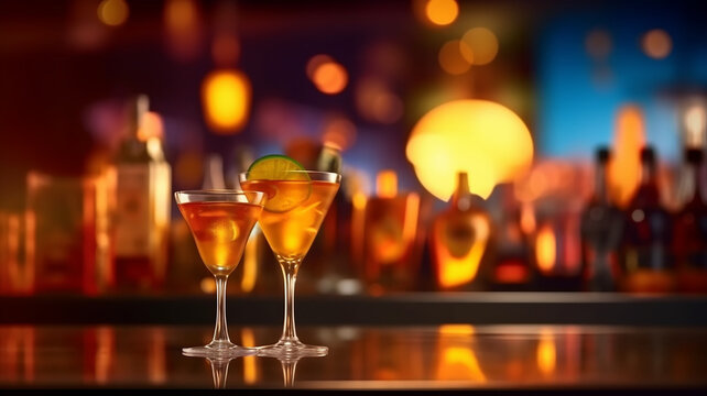 cocktails on the bar counter against the background of a restaurant and a nightclub