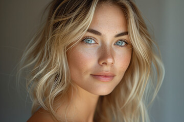 Naklejka premium Portrait of a beautiful blonde Swedish woman with blue eyes, Generative AI