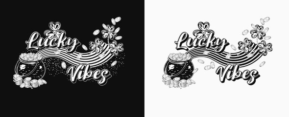 Horizontal St Patricks Day label with rainbow wave, pot full of gold treasures, clover, flying coins, text Lucky Vibes. For prints, clothing, t shirt, holiday stuff design. Vintage style