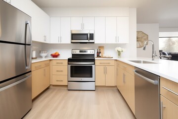 Fototapeta premium sleek kitchen with stainless steel appliances and asymmetrical cabinetry