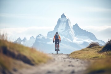 mountain biker on a trail with peaks in distance - obrazy, fototapety, plakaty