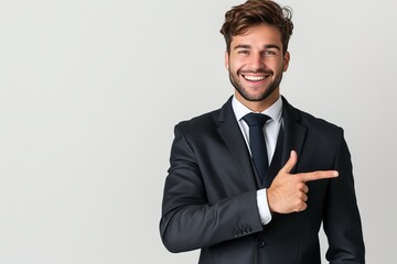 Showing a good mood: A man smiling and pointing his finger at the wall Resulting in good results that are full of positive energy. This image beautifully captures the nature of confidence and willingn - obrazy, fototapety, plakaty