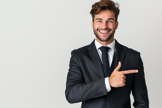 Showing a good mood: A man smiling and pointing his finger at the wall Resulting in good results that are full of positive energy. This image beautifully captures the nature of confidence and willingn