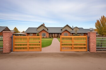 wooden corral gates with brick posts on prairie ranch