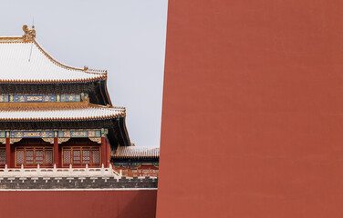 Tower building in Forbidden City, Beijing, China, with snow
