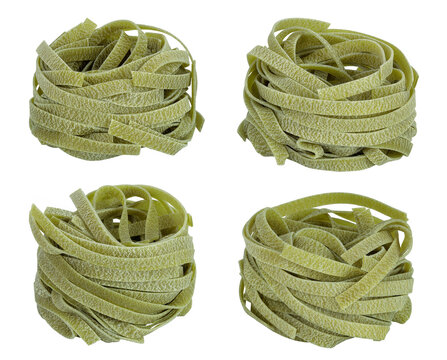 Raw tagliatelle green pasta with spinach isolated on white background