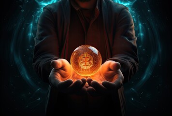 hacker holding bitcoin in his hand - obrazy, fototapety, plakaty