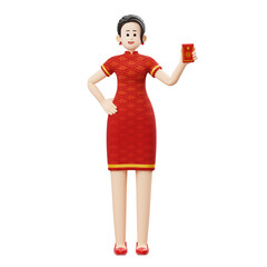 Obraz premium 3D Character Chinese New Year Woman Holding Angpao Envelope Illustration