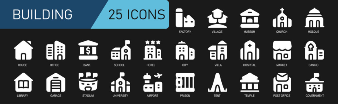 building icon collection.flat white color.contains hotel,school,bank,home,house,library,garage,university,airport,prison.isolated vector.great for websites and applications