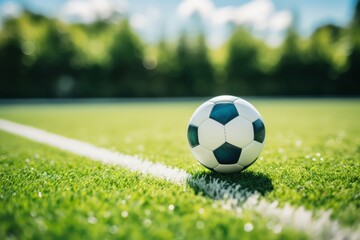 Soccer ball on a bright green grass field with white line, sunny day with trees in the background.