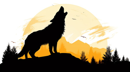 Silhouette of howling wolf at sunset background