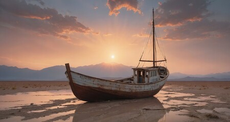 A solitary wooden boat rests on a cracked, dry lakebed with the sun setting behind mountain ranges. (Generative AI)