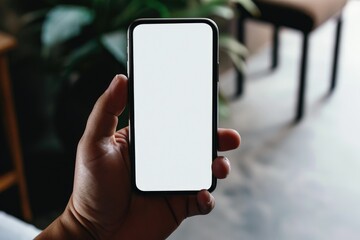 Cropped view of male hands holding smartphone with blank screen to copy your text message or information content