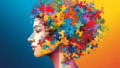 Colorful neurodiversity puzzle brain with customizable text banner and ample personalization space
