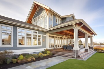Fototapeta na wymiar contemporary shingle style house with fulllength windows, sea