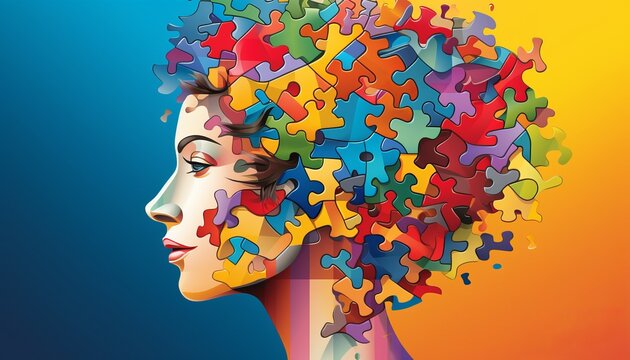 Colorful neurodiversity puzzle brain with customizable text banner and ample personalization space