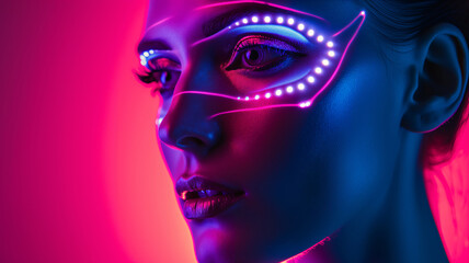 A closeup of a woman's face is illuminated by neon light. fashion photography