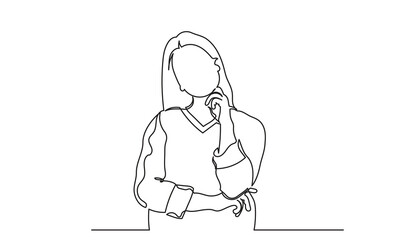 Single line drawing of a girl thinking about solving problems. Continuous line drawings of a young woman depressed and thinking.vector illustration.
