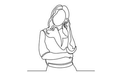 Single line drawing of a girl thinking about solving problems. Continuous line drawings of a young woman depressed and thinking.vector illustration.
