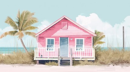 Fototapeta na wymiar Generative AI, Miami House Summer Vibes watercolor illustration, childish style