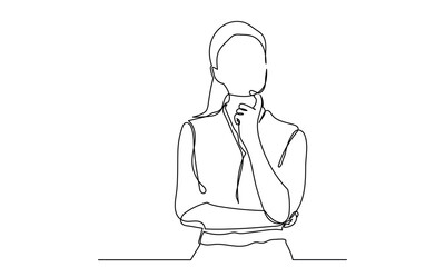 Single line drawing of a girl thinking about solving problems. Continuous line drawings of a young woman depressed and thinking.vector illustration.
