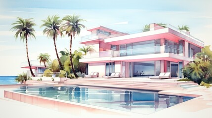 Fototapeta premium Generative AI, Miami House Summer Vibes watercolor illustration, childish style